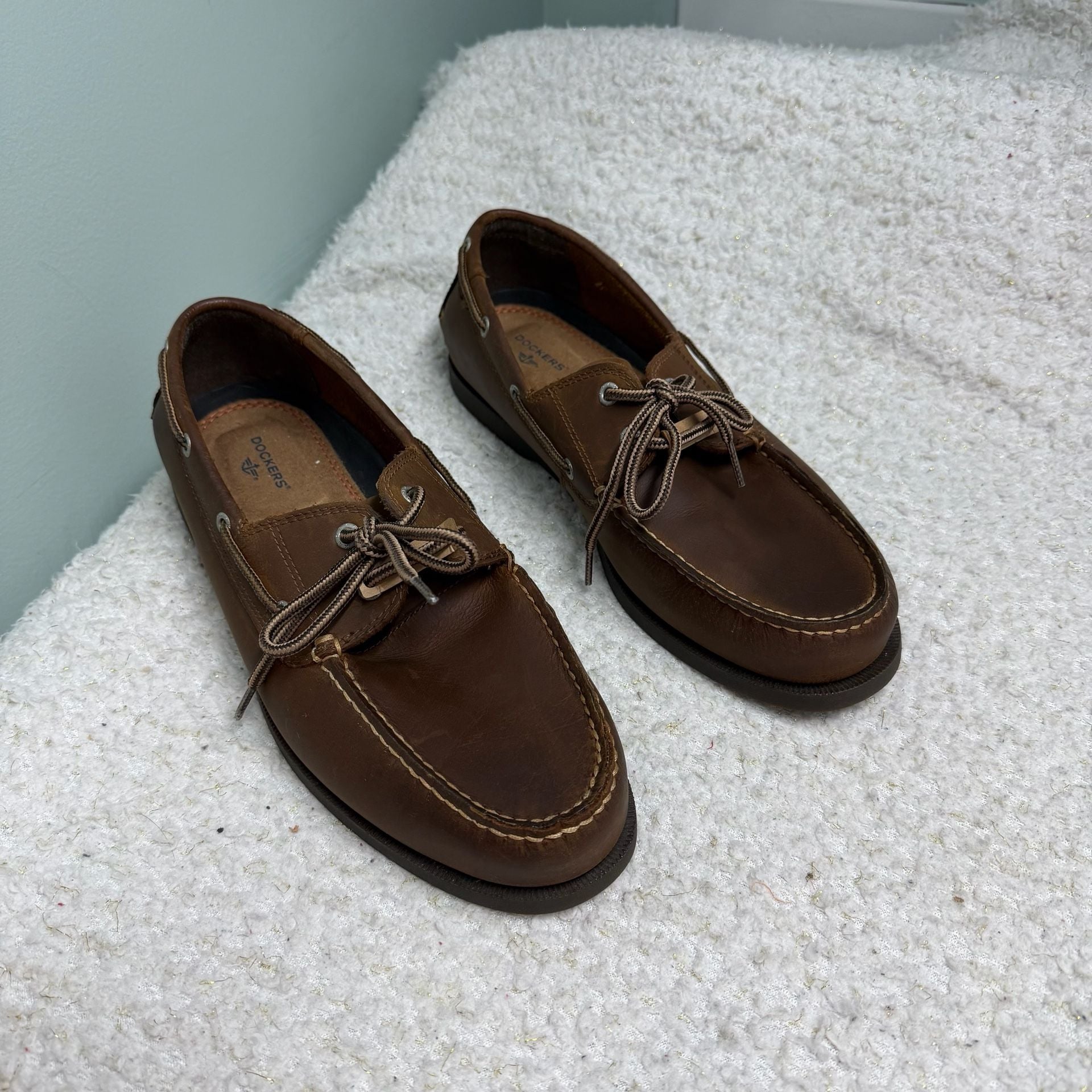 Dockers Vargas Boat Shoes Size 12W Brown Leather Casual Loafers Mens Like New 2