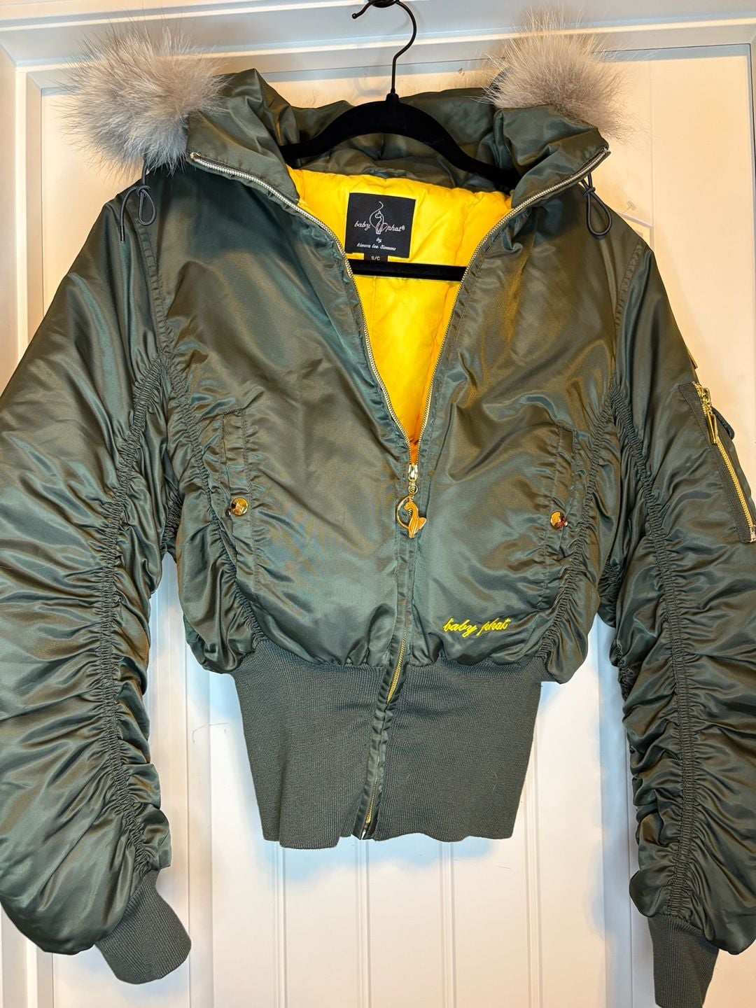 Vintage Baby Phat Bomber Jacket Size S/C Olive Green Puffer Fur Hood Giant Cat Logo Y2K 2