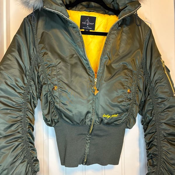 Vintage Baby Phat Bomber Jacket Size S/C Olive Green Puffer Fur Hood Giant Cat Logo Y2K
