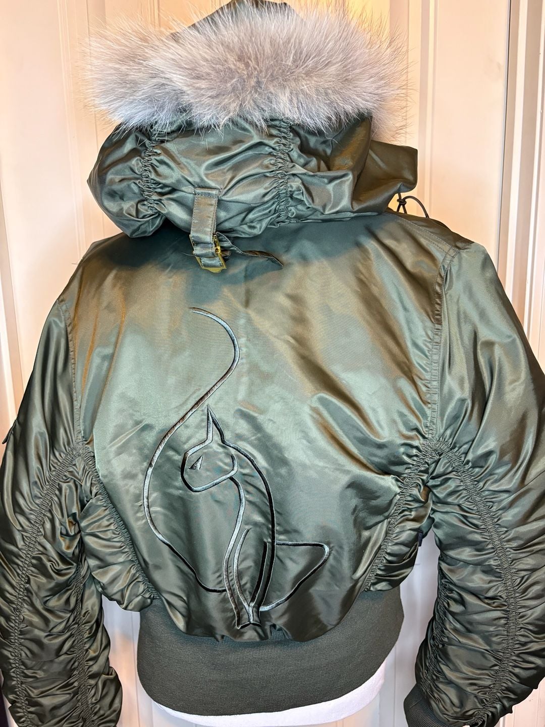 Vintage Baby Phat Bomber Jacket Size S/C Olive Green Puffer Fur Hood Giant Cat Logo Y2K 3