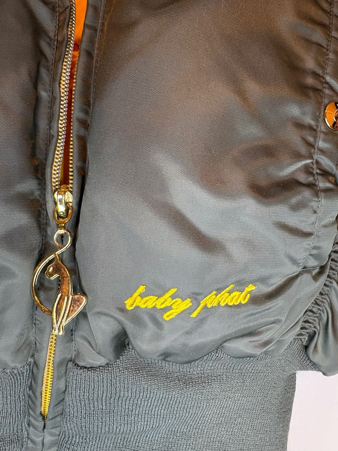 Vintage Baby Phat Bomber Jacket Size S/C Olive Green Puffer Fur Hood Giant Cat Logo Y2K 4
