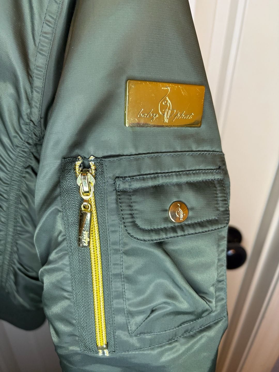 Vintage Baby Phat Bomber Jacket Size S/C Olive Green Puffer Fur Hood Giant Cat Logo Y2K 5
