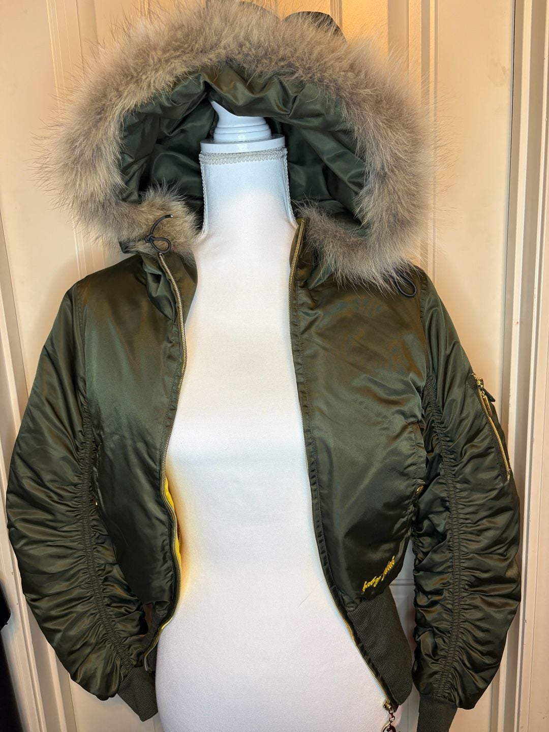 Vintage Baby Phat Bomber Jacket Size S/C Olive Green Puffer Fur Hood Giant Cat Logo Y2K 6