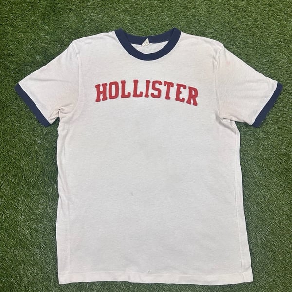 Hollister T-Shirt Size XL Vintage White Blue Ringer Red Spellout Logo Top