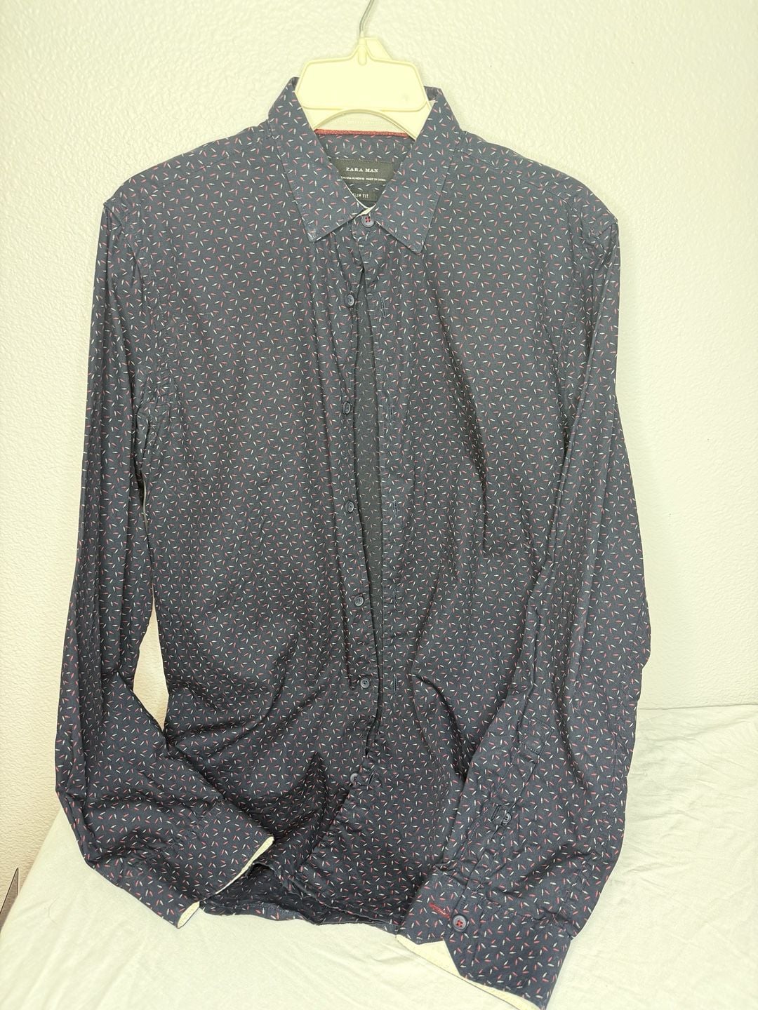 Zara Man Patterned Long Sleeve Slim Fit Shirt Size M Navy Red 2