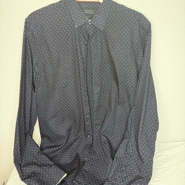 Zara Man Patterned Long Sleeve Slim Fit Shirt Size M Navy Red