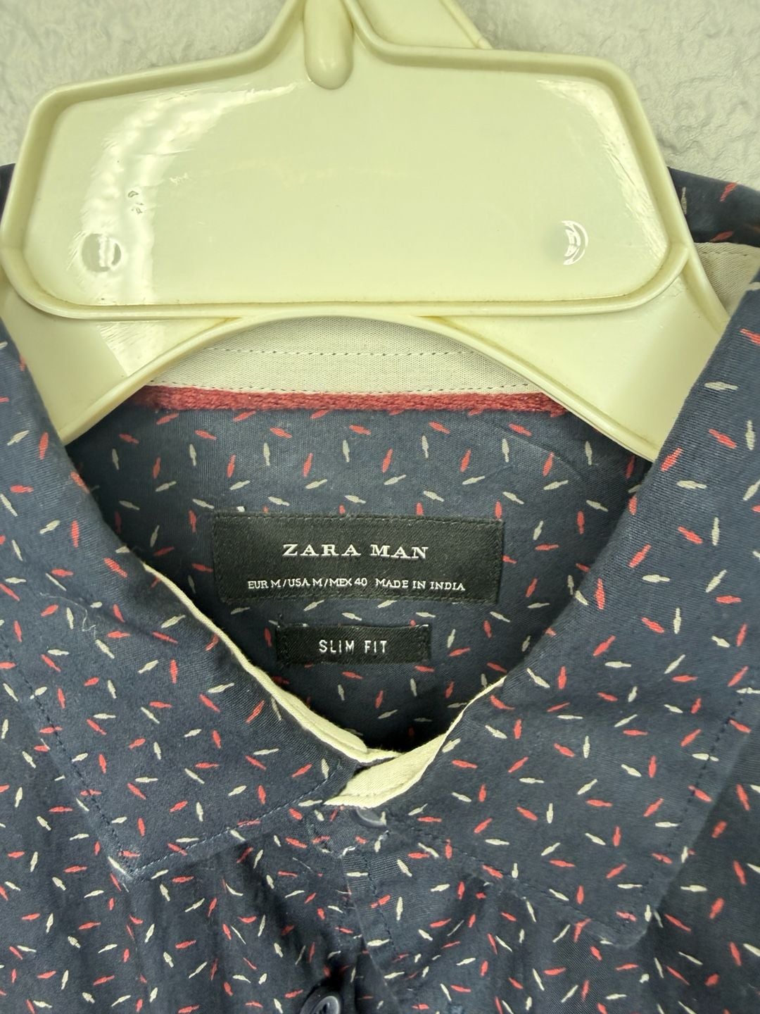 Zara Man Patterned Long Sleeve Slim Fit Shirt Size M Navy Red 3