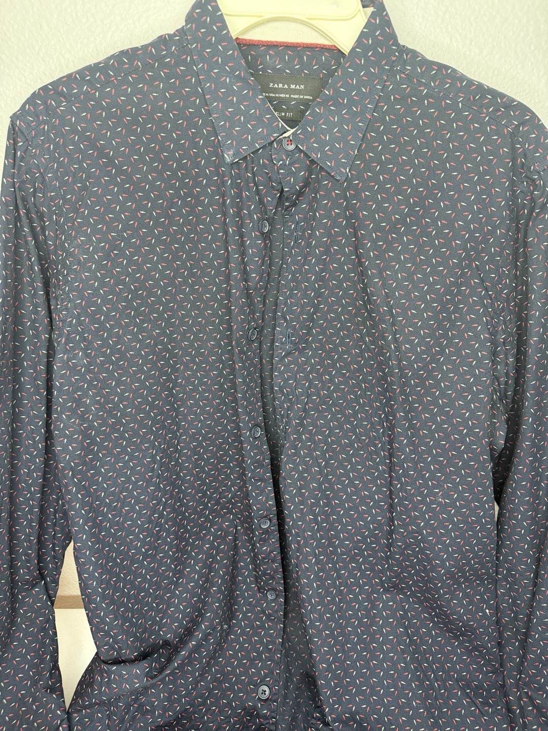 Zara Man Patterned Long Sleeve Slim Fit Shirt Size M Navy Red 4