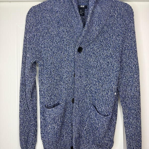 H&M Shawl Collar Cardigan Size S Blue White Chunky Knit Sweater