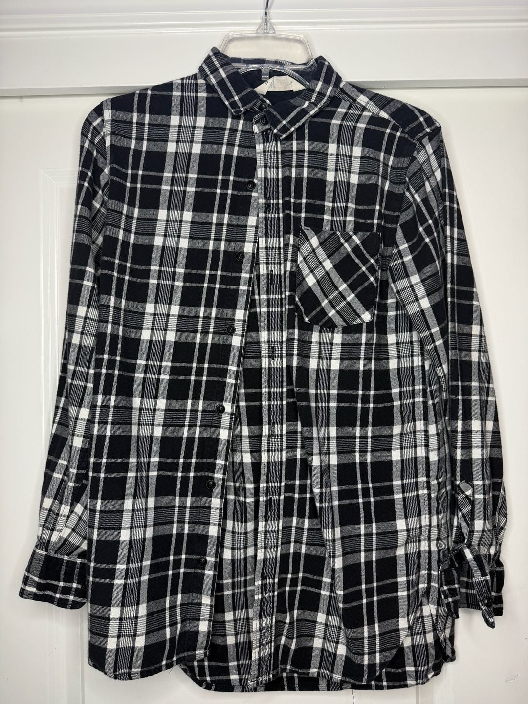 H&M Long Sleeve Plaid Button-Down Shirt Size 13-14Y Black White 2