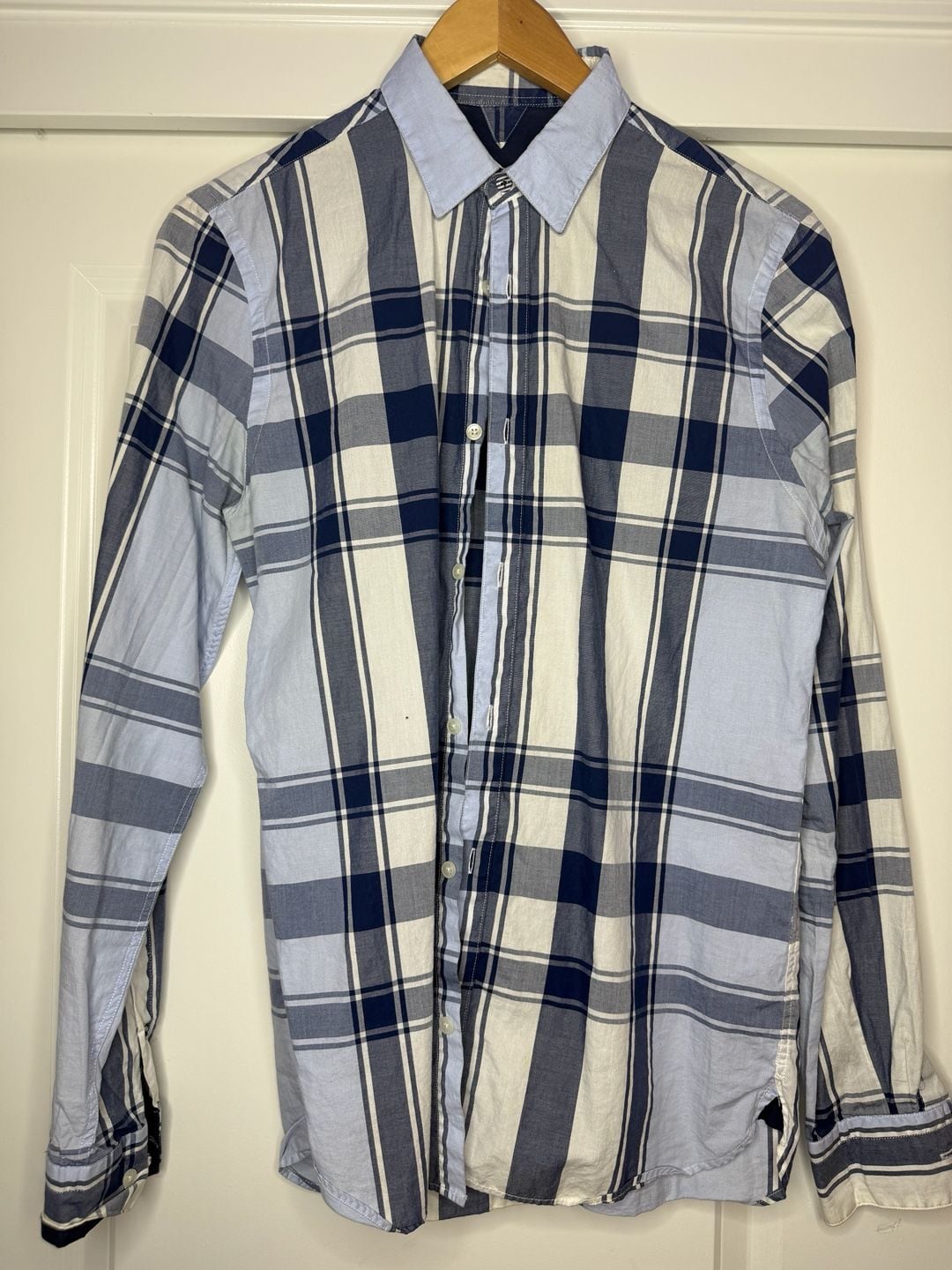 Zara Man Plaid Button-Down Shirt Size S Blue White Slim Fit 2