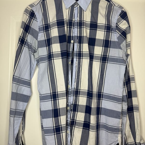 Zara Man Plaid Button-Down Shirt Size S Blue White Slim Fit
