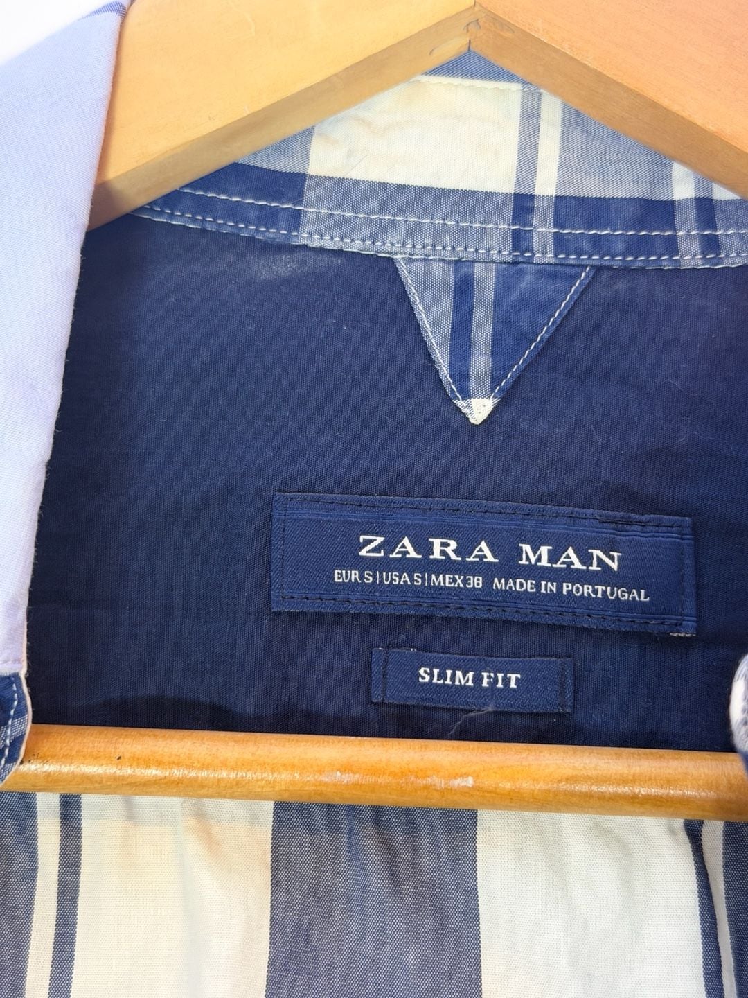 Zara Man Plaid Button-Down Shirt Size S Blue White Slim Fit 3