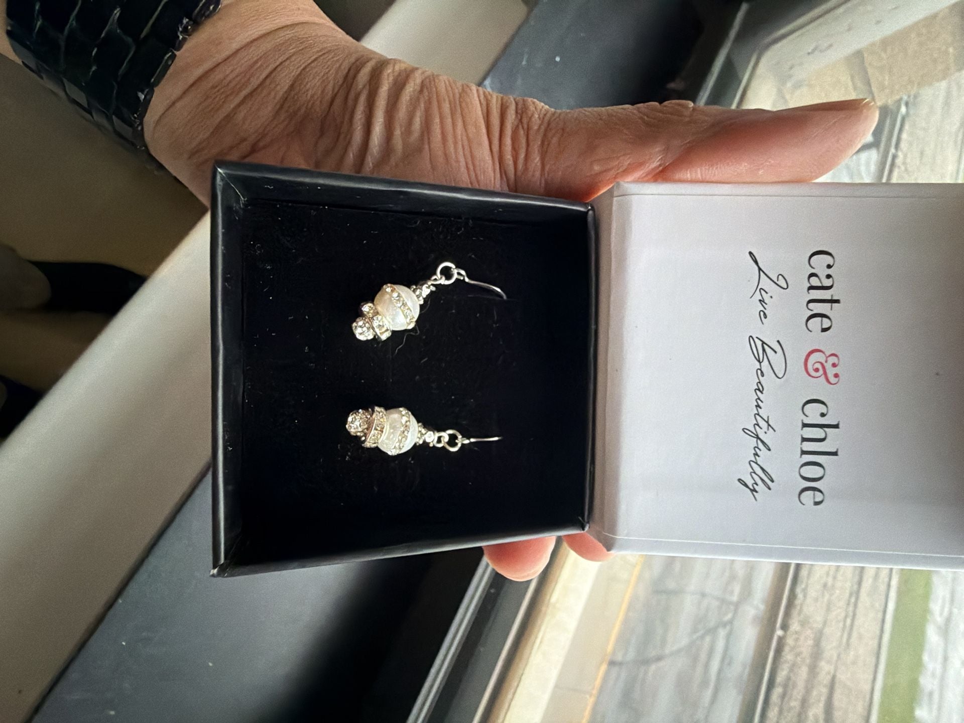 Cate & Chloe Pearl Crystal Dangle Earrings White Gold Plated 2