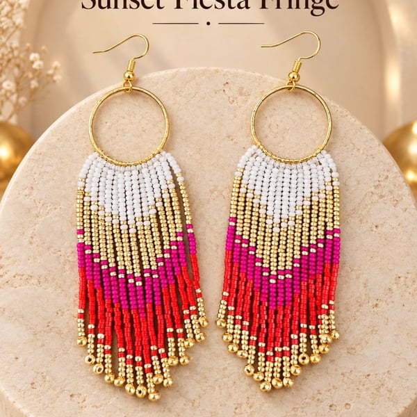 Sunset Fiesta Fringe Beaded Earrings( New Handmade)
