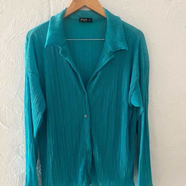 JULIA Pleated Button Down Shirt Size S Teal