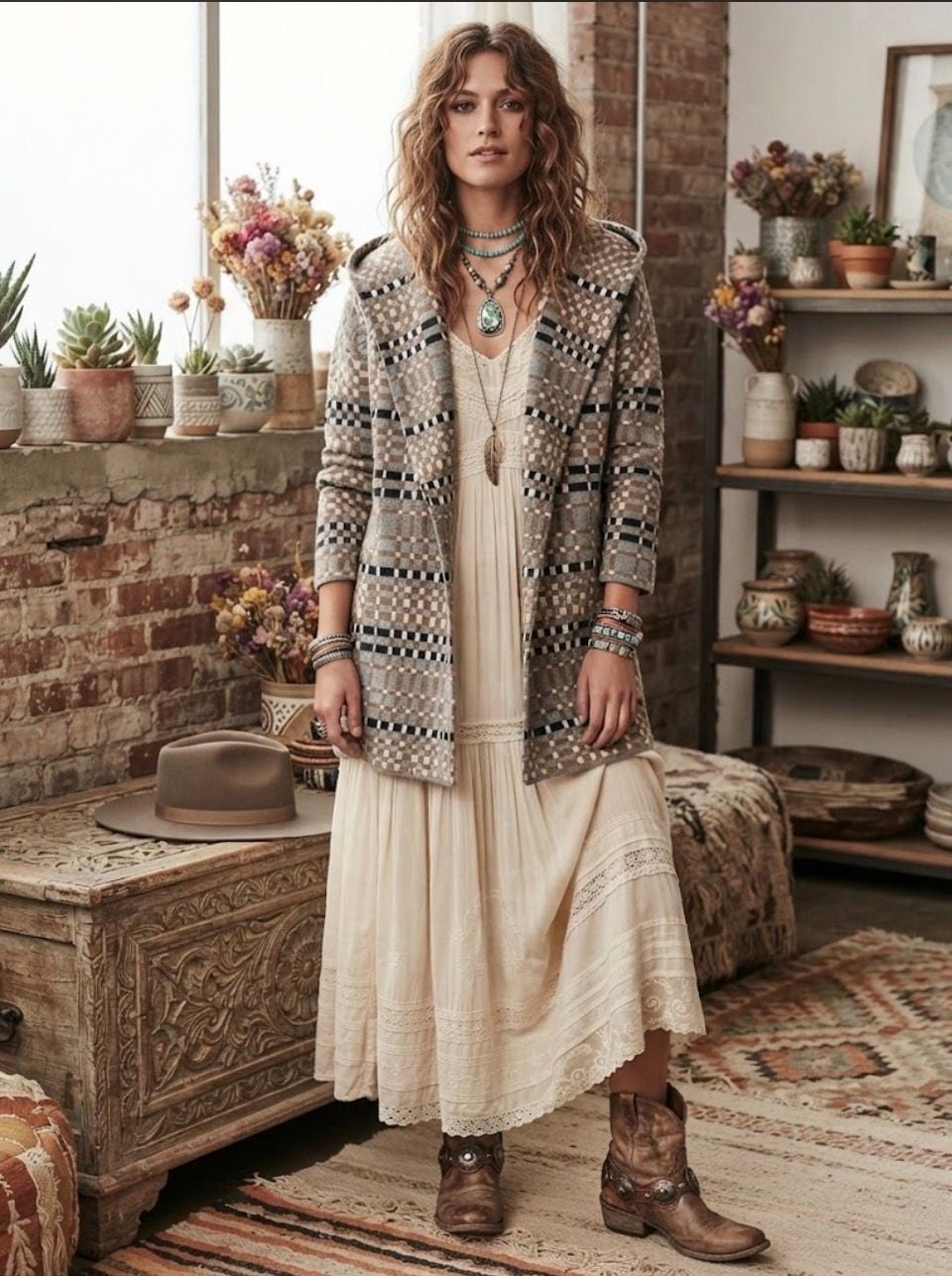 Field Flower Hooded Cardigan Plaid Boho Aztec Knit Coat 2