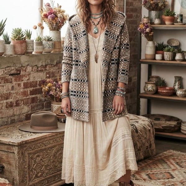 Field Flower Hooded Cardigan Plaid Boho Aztec Knit Coat