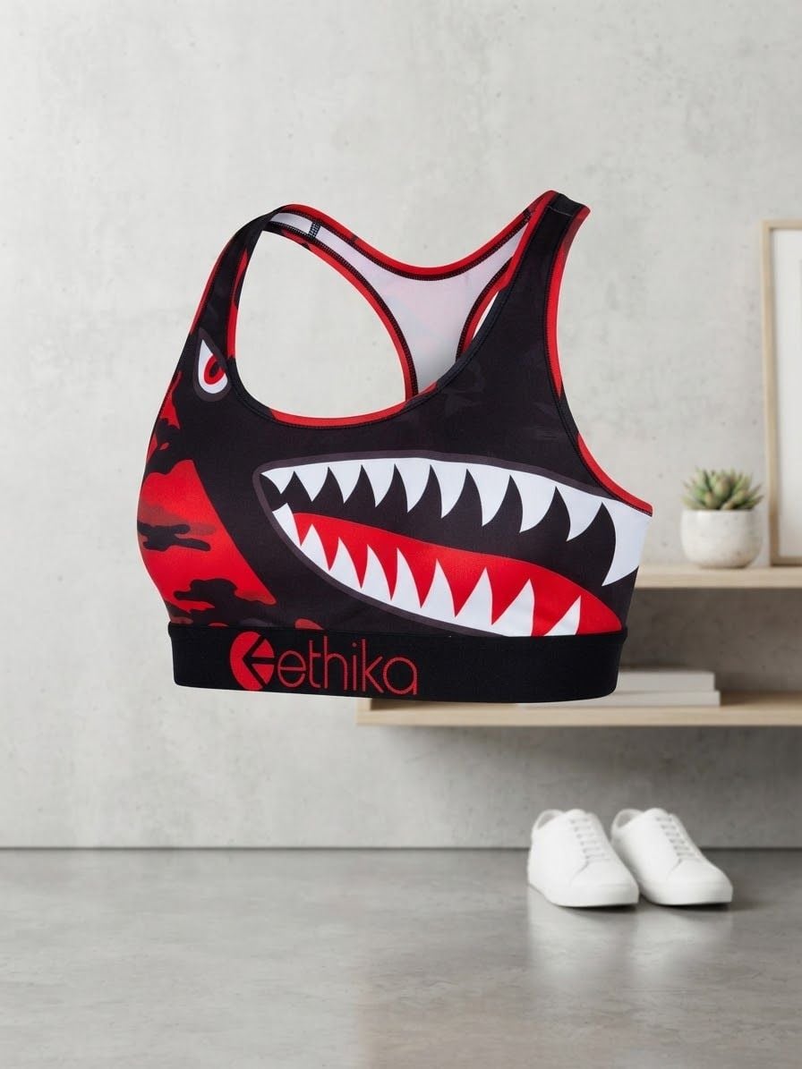 Ethika Bomber Sports Bra Red Black Camo Shark Teeth 2