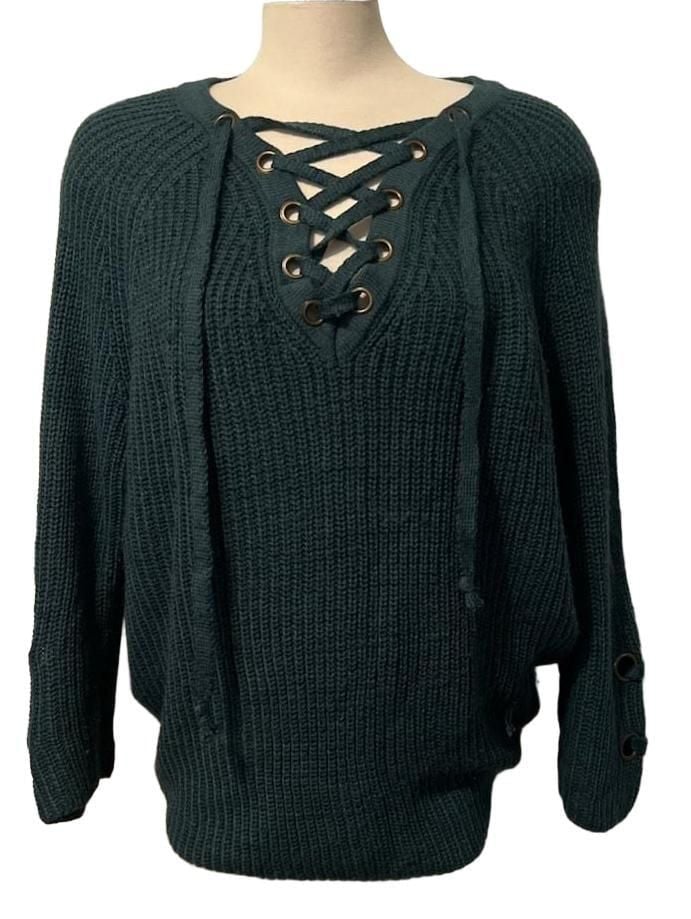 Miracle Lace-Up Sweater Size S/M Dark Green Cotton Blend 2