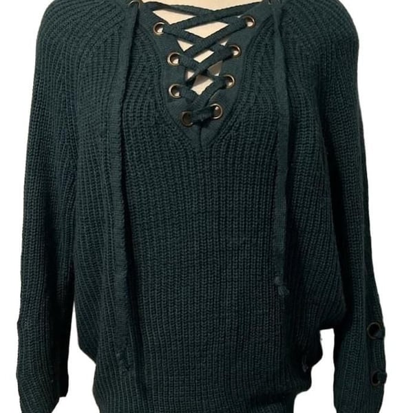 Miracle Lace-Up Sweater Size S/M Dark Green Cotton Blend