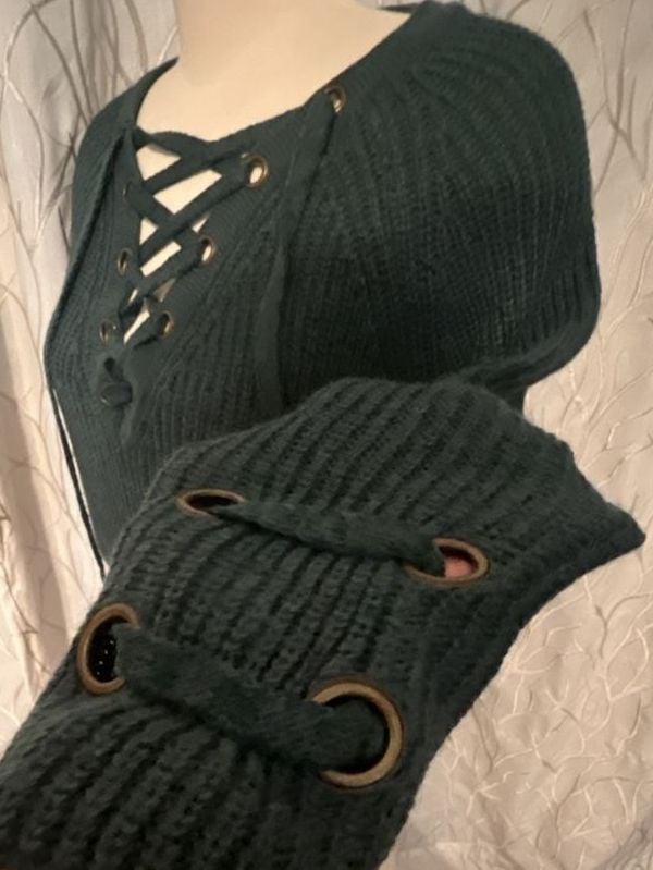 Miracle Lace-Up Sweater Size S/M Dark Green Cotton Blend 4