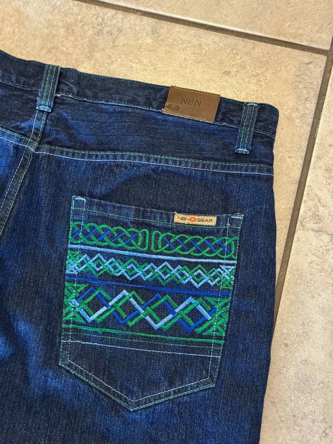NBN Gear Jeans Size 38x30 Blue Denim Embroidered Pockets 3