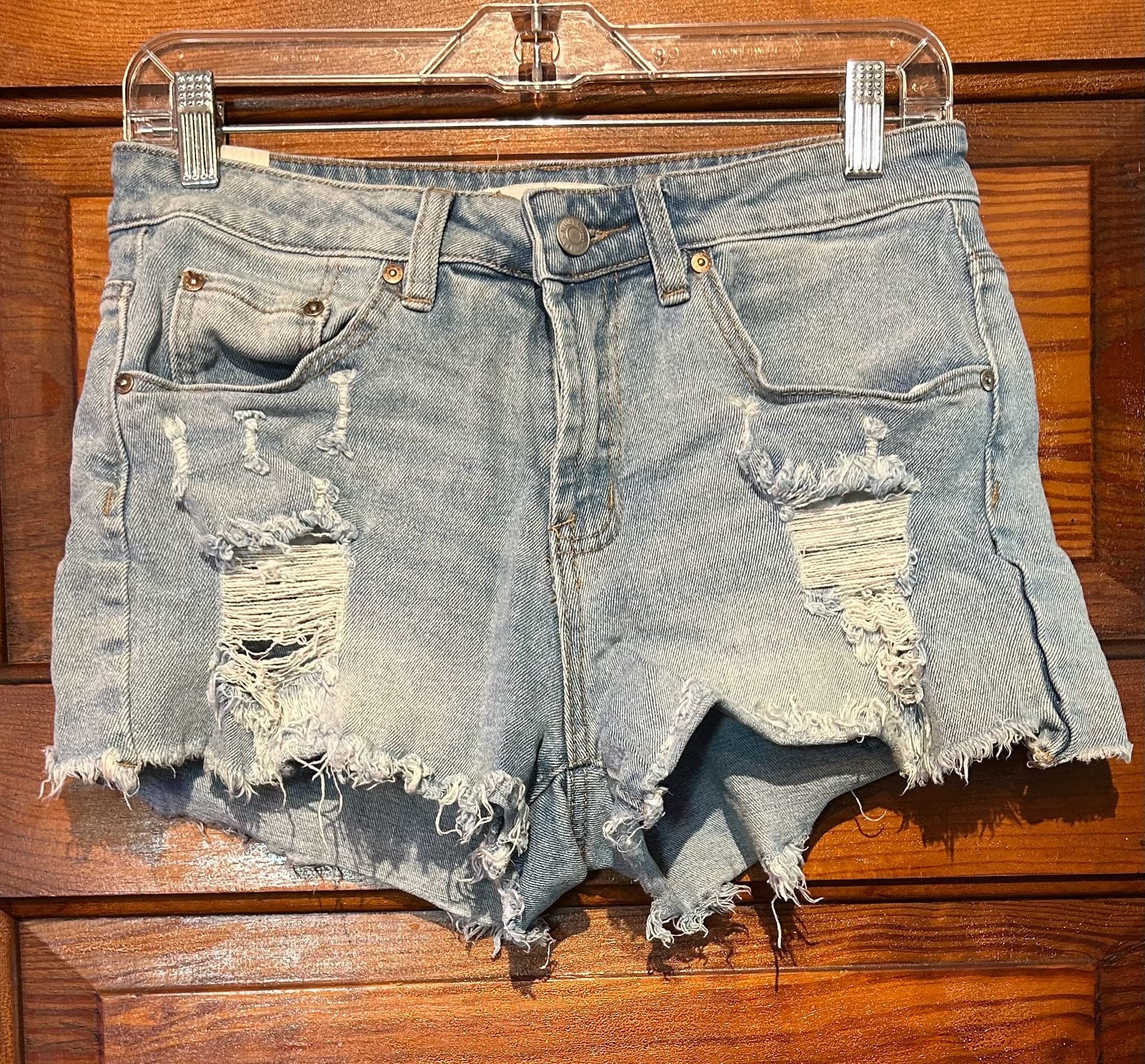 Almost Famous Denim Shorts Size 7 Light Wash Distressed Raw Hem 2