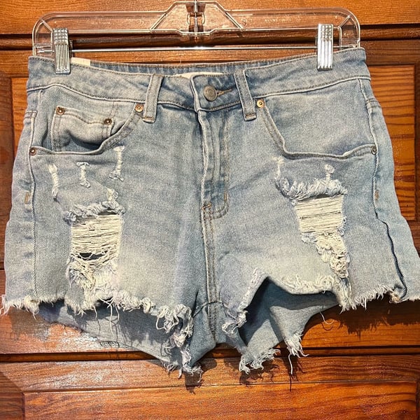 Almost Famous Denim Shorts Size 7 Light Wash Distressed Raw Hem