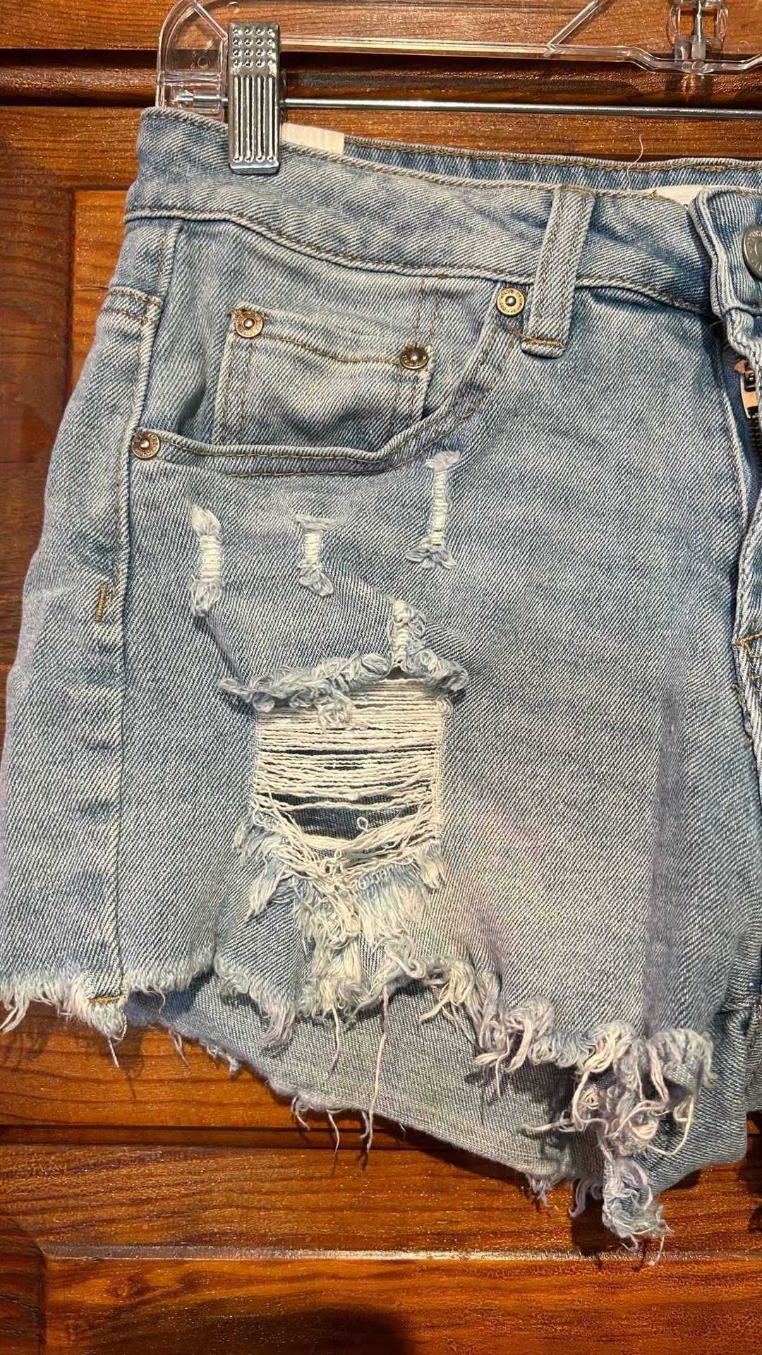 Almost Famous Denim Shorts Size 7 Light Wash Distressed Raw Hem 3