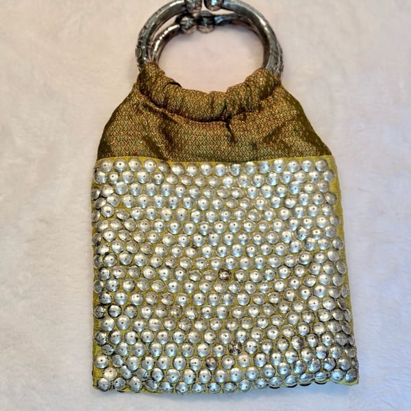 Aditee Handcrafted in India Brocade Sequin Metal Ring Handle Handbag Green