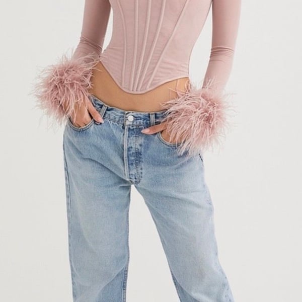House of CB Faith Corset Top Size S Blush Feather Trim Mesh Long Sleeve