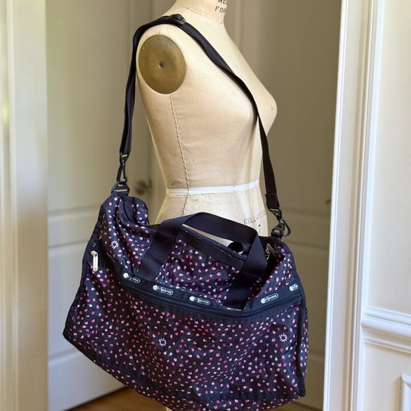 LeSportsac Black Pink Floral Deluxe Large Weekender Travel Duffel Bag