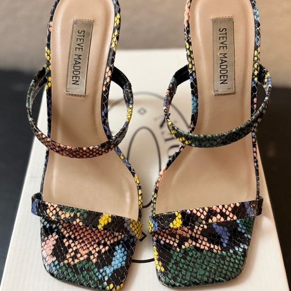 Steve Madden Michelle Heeled Sandal Size 7 Multi Snake Print Square Toe