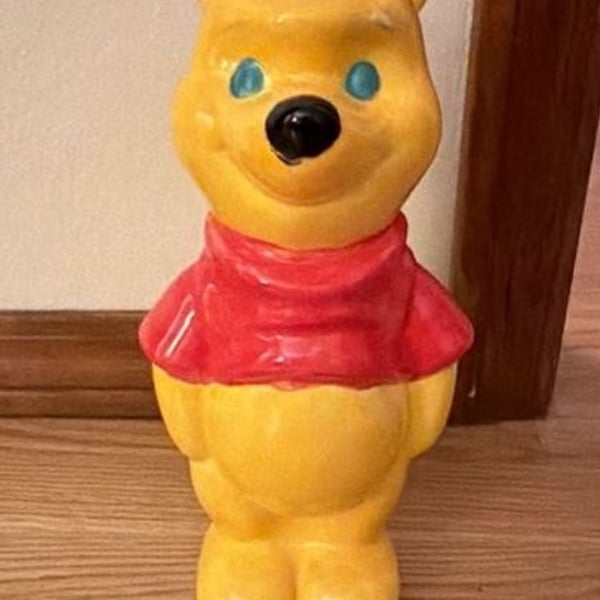 Vintage 1980s Hand-Painted Ceramic Winnie the Pooh Statue – 8" Tall, Blue Eyes