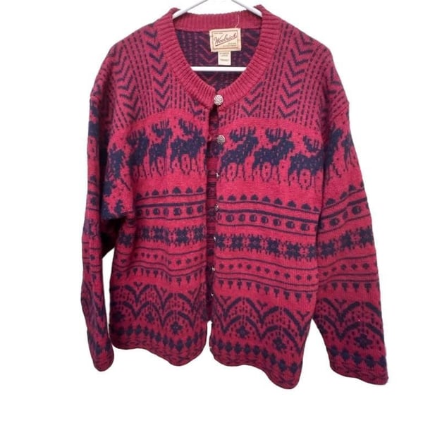 Vintage Woolrich Moose Cardigan Sweater Size Large Red Wool