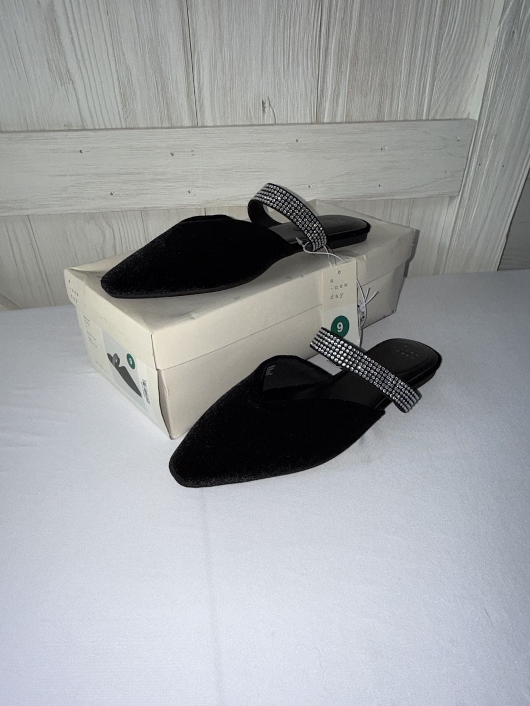 A New Day Black Velvet Rhinestone Strap Flat Mules Size 9 2