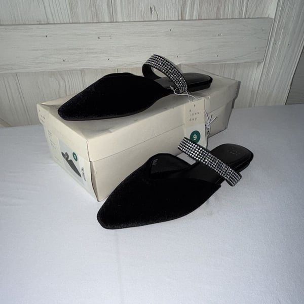 A New Day Black Velvet Rhinestone Strap Flat Mules Size 9