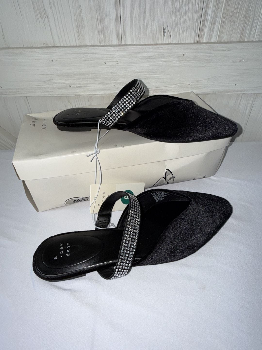 A New Day Black Velvet Rhinestone Strap Flat Mules Size 9 3