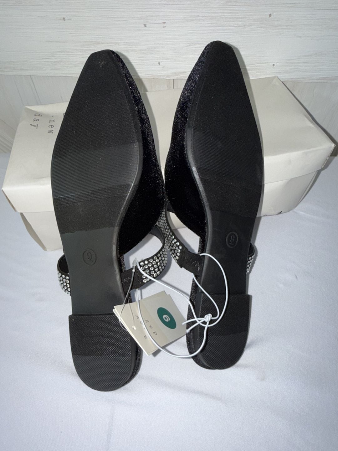 A New Day Black Velvet Rhinestone Strap Flat Mules Size 9 4