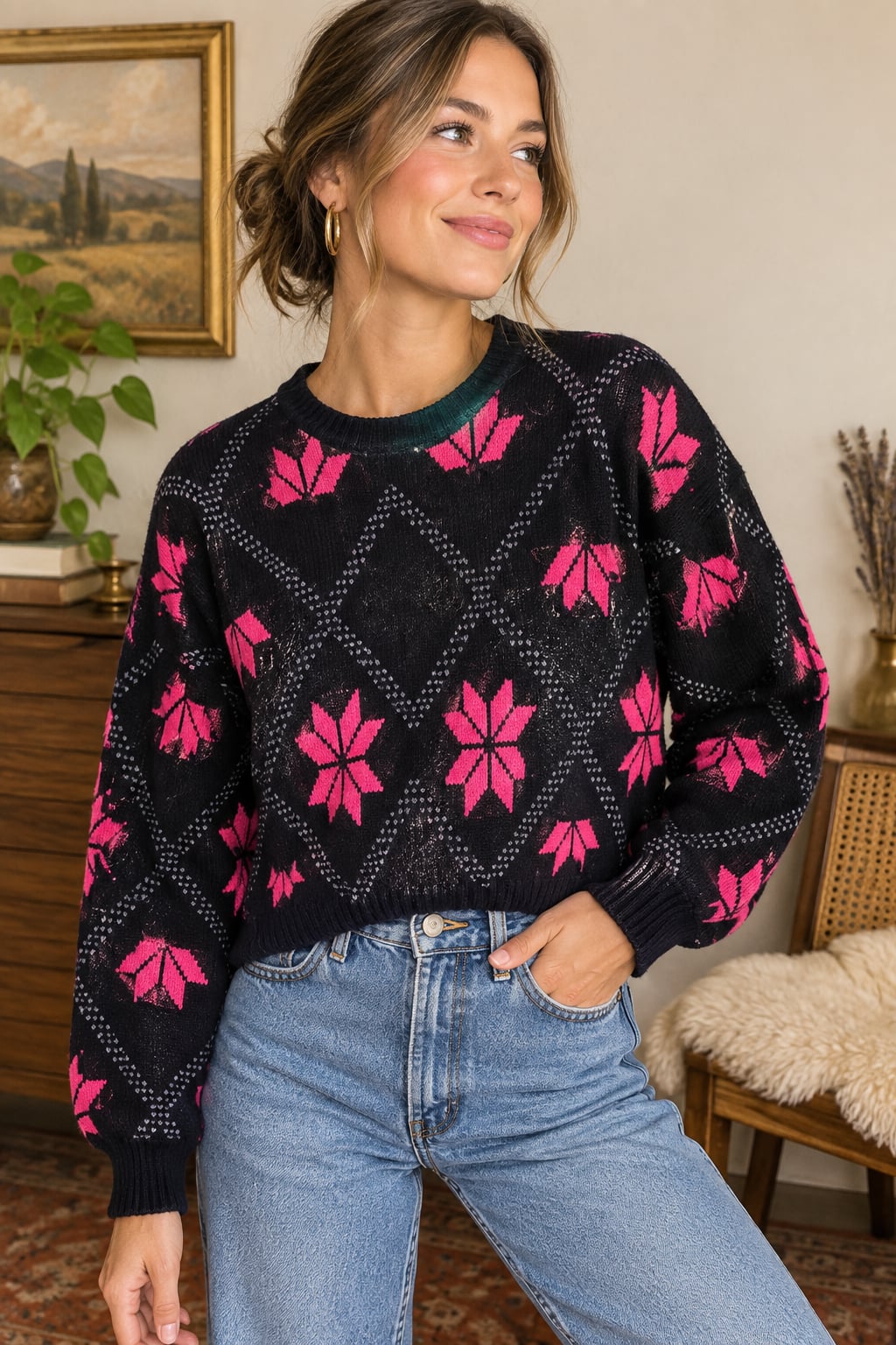 Vtg Gitano Sweater Womens M Navy & Pink Floral Geometric 80s 90s Cropped Knit 2