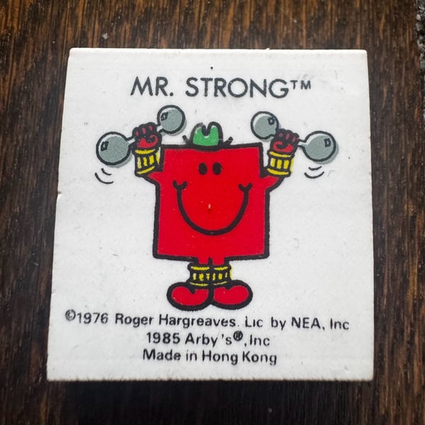 VINTAGE Arby's Mr. Men Mr. Strong 1985 Rubber 1 6/16in. Eraser ROGER HARGREAVES