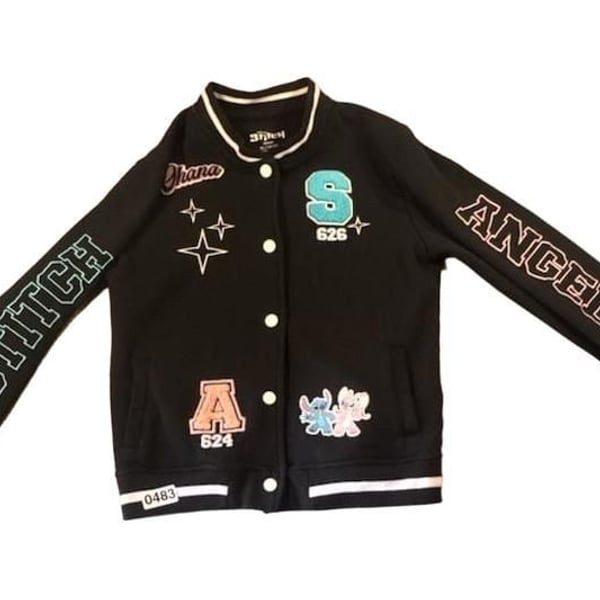 Disney Stitch Varsity Bomber Jacket Size XL 14/16 Black