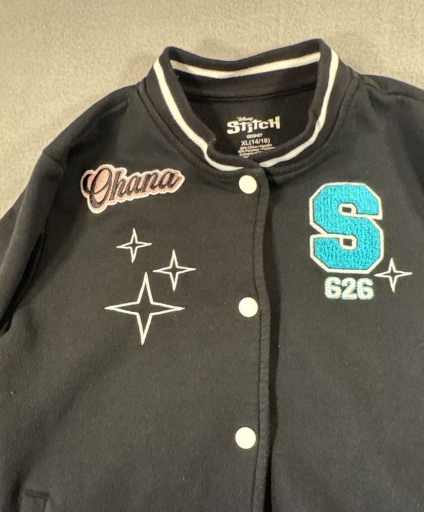 Disney Stitch Varsity Bomber Jacket Size XL 14/16 Black 4