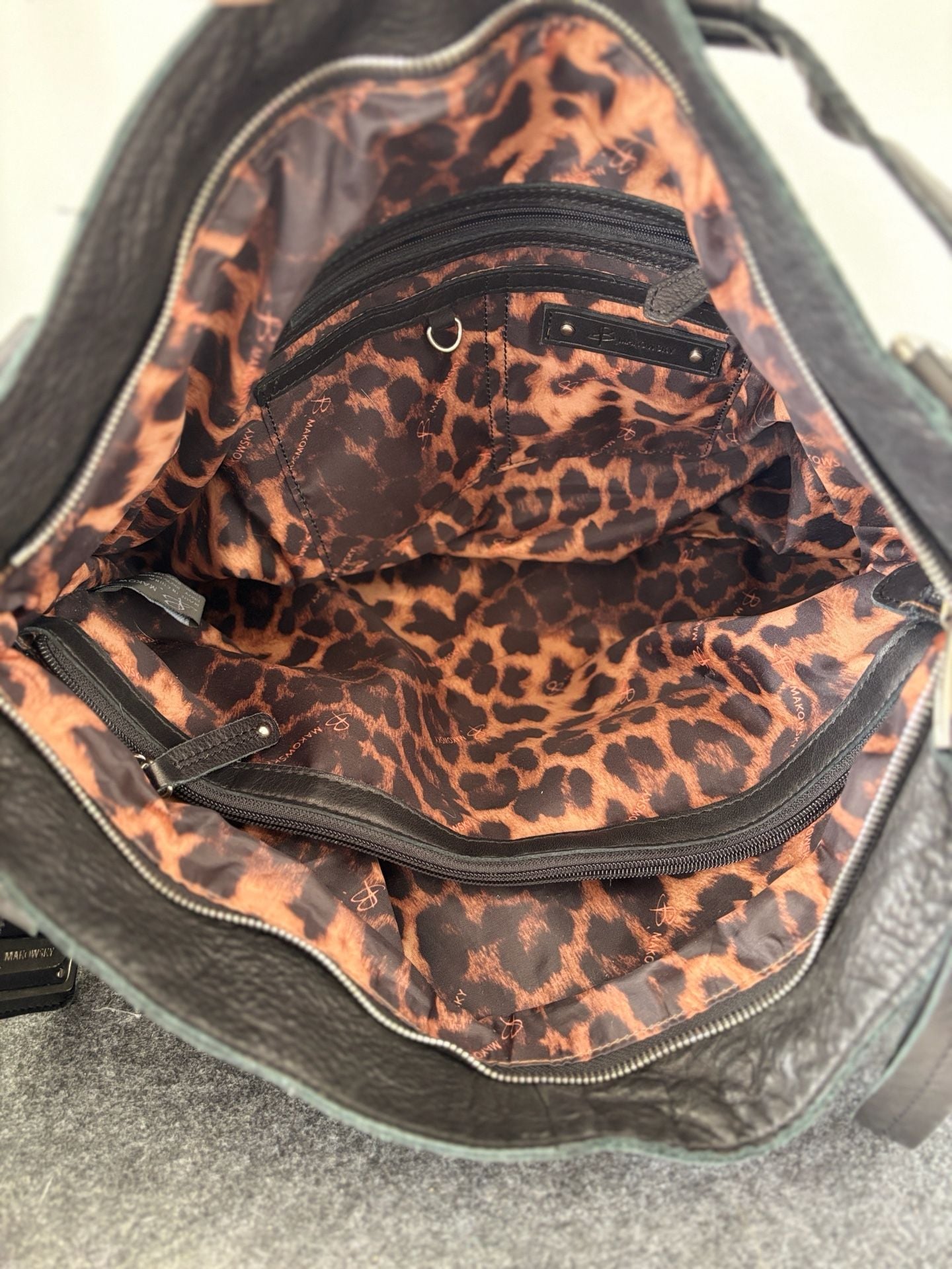 B. Makowski Black Leather Shoulder Bag Leopard Print Lining 8