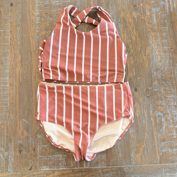 Albion Fit Stripe Cross Straps High Waist Bikini Swimsuit small/medium