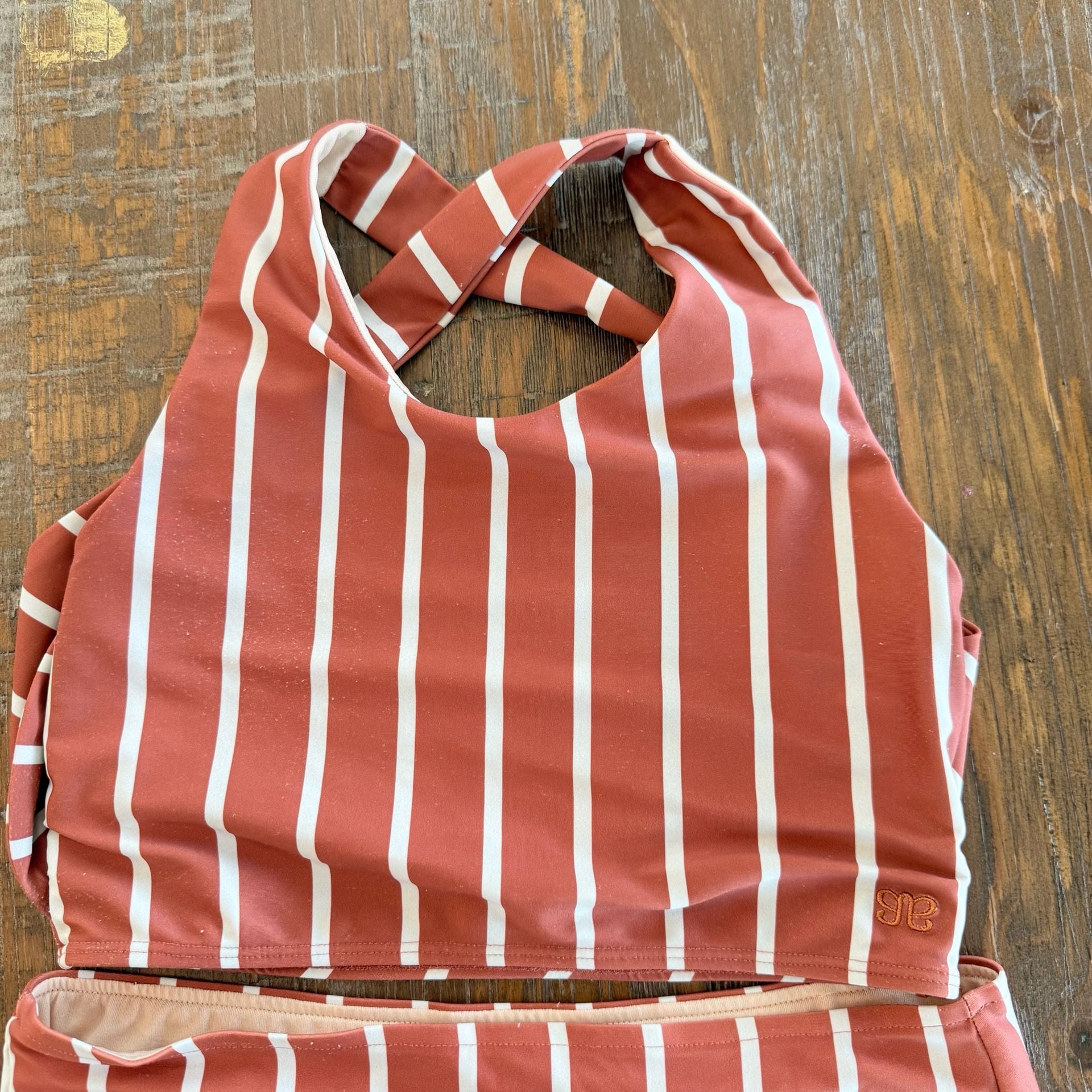 Albion Fit Stripe Cross Straps High Waist Bikini Swimsuit small/medium 2