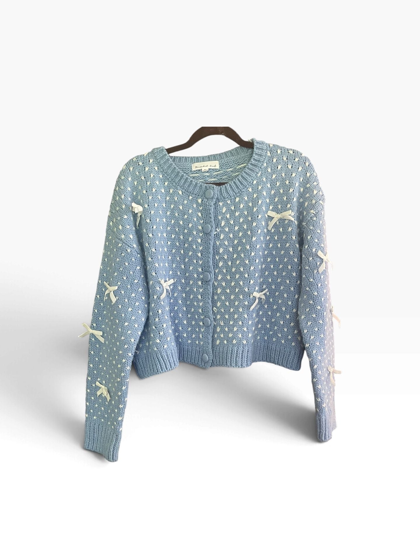 Coquette Bow Boxy Cardigan XL Blue Cream Chunky Knit Balletcore Soft Girl Sweater 3