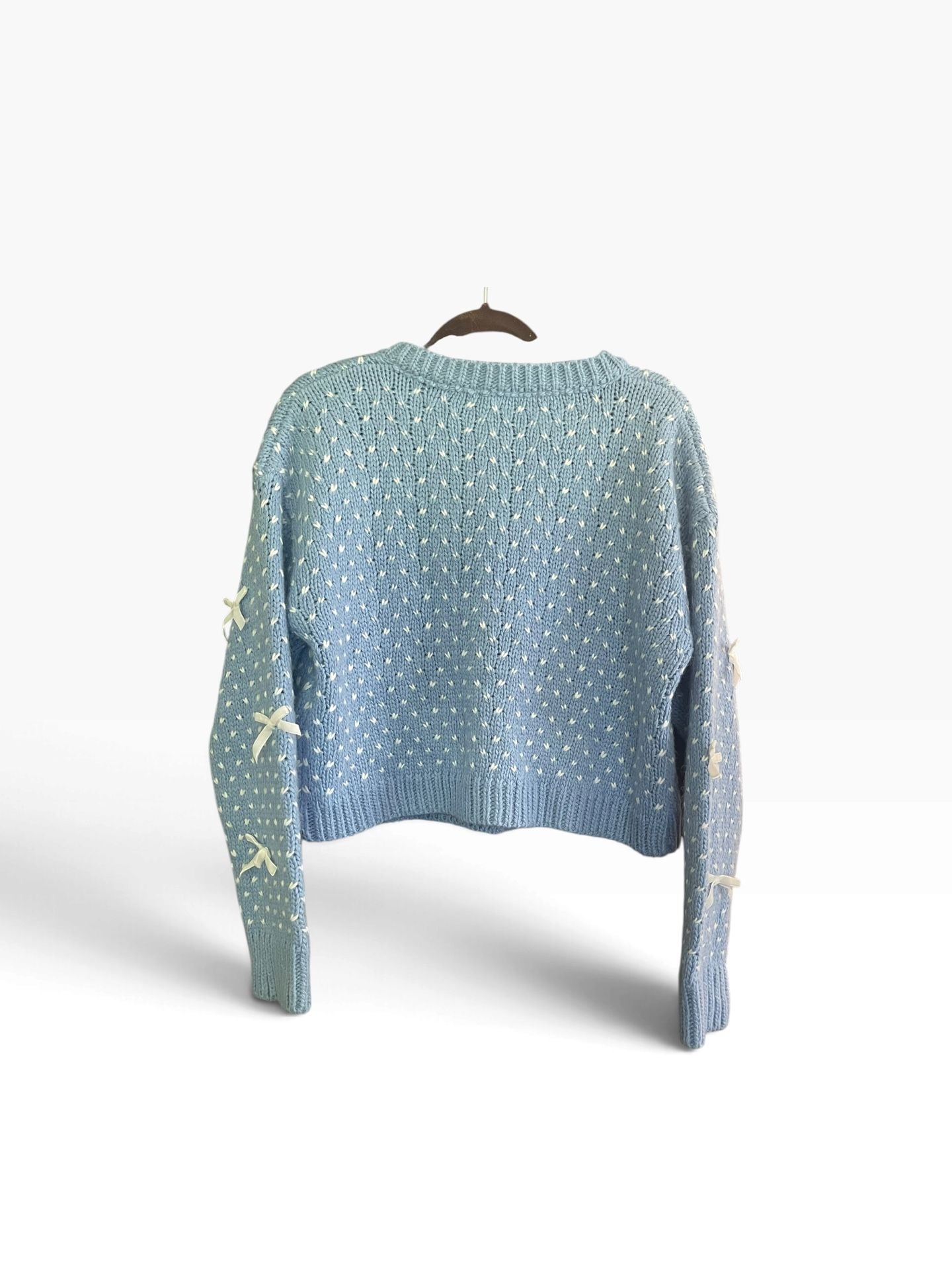 Coquette Bow Boxy Cardigan XL Blue Cream Chunky Knit Balletcore Soft Girl Sweater 4