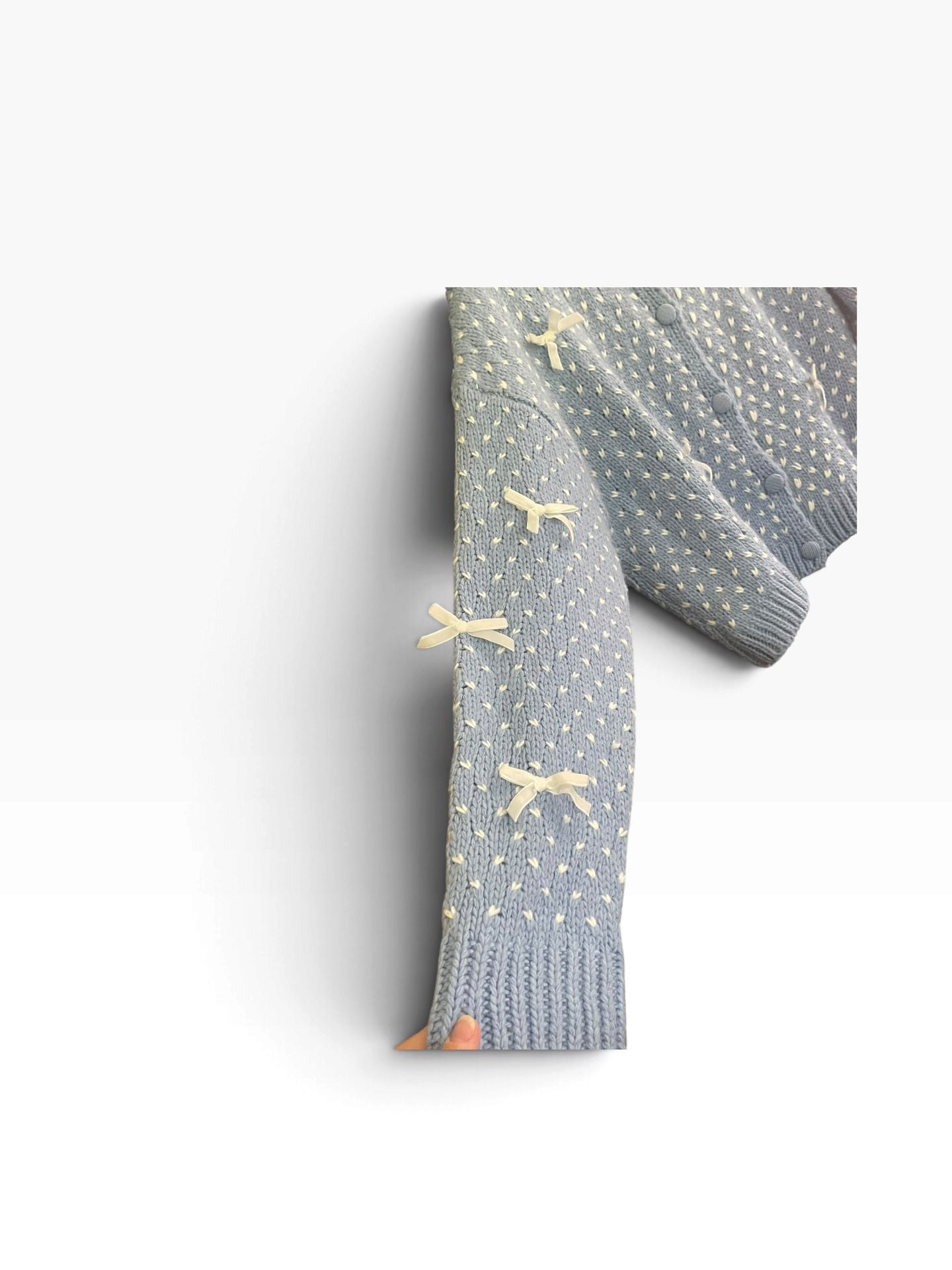 Coquette Bow Boxy Cardigan XL Blue Cream Chunky Knit Balletcore Soft Girl Sweater 5